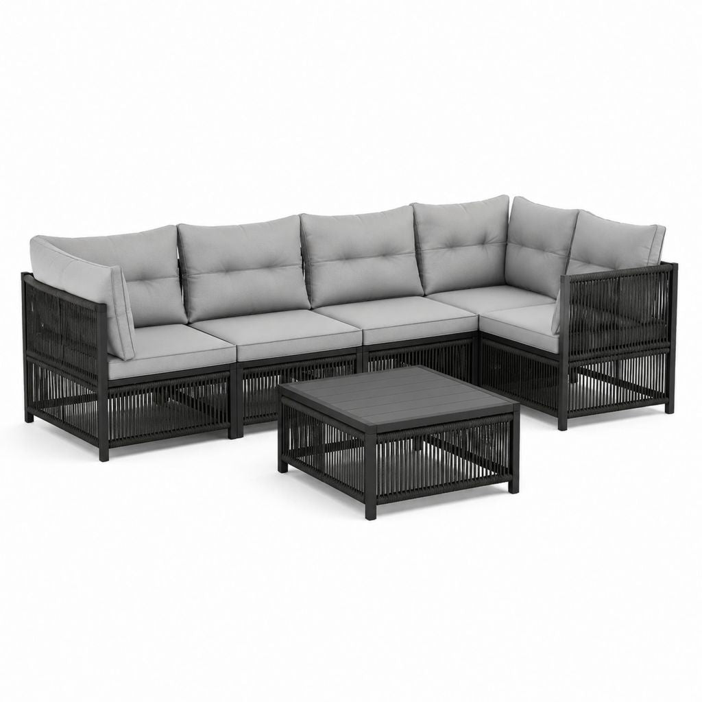 Gartenlounge Set L-Form Schwarz Grau aus pulverbeschichtetem Stahl und PE-Geflecht mit 4 Sitzplätzen 276 x 210 cm
