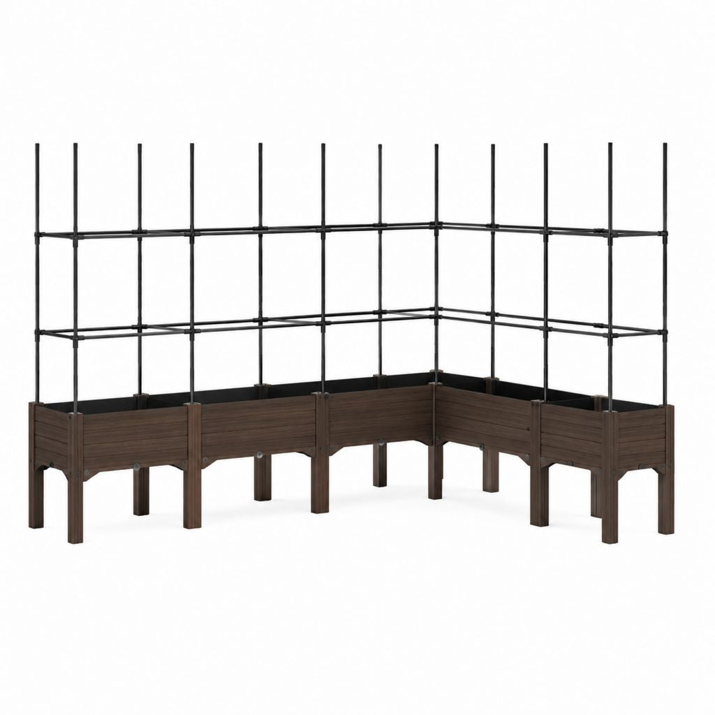 Hochbeet mit Rankgitter L-Form Braun Schwarz PP und Stahl 160 x 160 x 150 cm