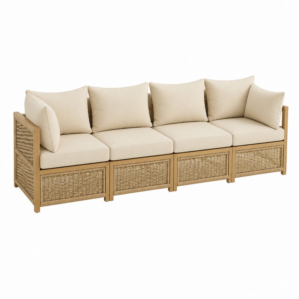 4-Sitzer Gartensofa Natur Beige Akazienholz PE-Geflecht Gerade 280 x 80 x 75 cm