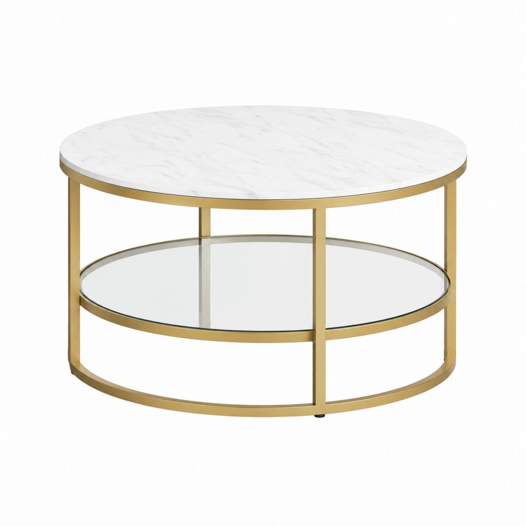 Runder Couchtisch Weiß Gold aus MDF und Glas Ø80 x 45 cm