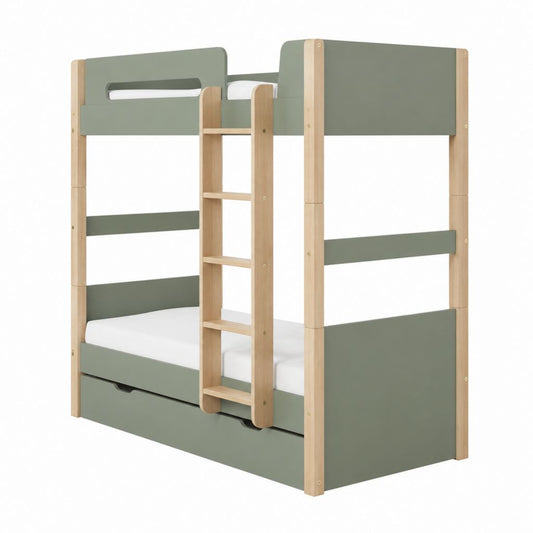 Kinder-Etagenbett Grün Natur aus Kiefer-Massivholz und MDF 90 x 200 cm mit Leiter und Bettkasten