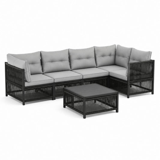 Gartenlounge Set L-Form Schwarz Grau aus pulverbeschichtetem Stahl und PE-Geflecht mit 4 Sitzplätzen 276 x 210 cm