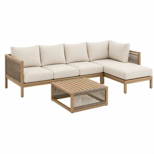Gartenlounge Set 3-teilig Beige aus Akazienholz mit Ecksofa und Couchtisch 250 x 160 cm