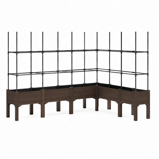 Hochbeet mit Rankgitter L-Form Braun Schwarz PP und Stahl 160 x 160 x 150 cm