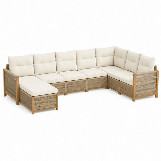 Gartenlounge Ecksofa 5-Sitzer Naturweiß aus Akazien-Massivholz und PE-Geflecht L-Form 300 x 220 x 80 cm