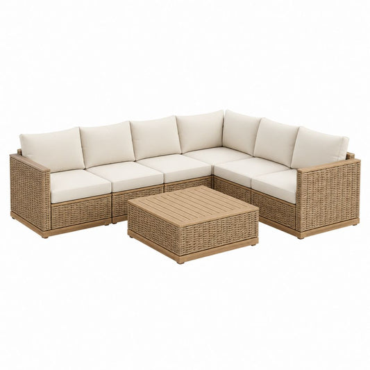 Gartenlounge 5-Sitzer Ecksofa Set Natur PE-Rattan mit Akazienholz Couchtisch 265 x 205 x 75 cm