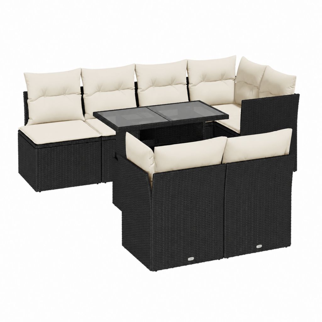 7-teiliges Gartenmöbel-Set Schwarz PE-Rattan mit Cremefarbenen Polyesterkissen und Glastisch 220 x 220 x 73 cm