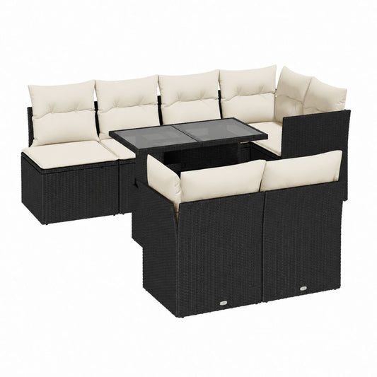 7-teiliges Gartenmöbel-Set Schwarz PE-Rattan mit Cremefarbenen Polyesterkissen und Glastisch 220 x 220 x 73 cm