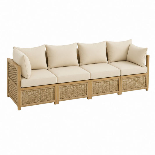 4-Sitzer Gartensofa Natur Beige Akazienholz PE-Geflecht Gerade 280 x 80 x 75 cm