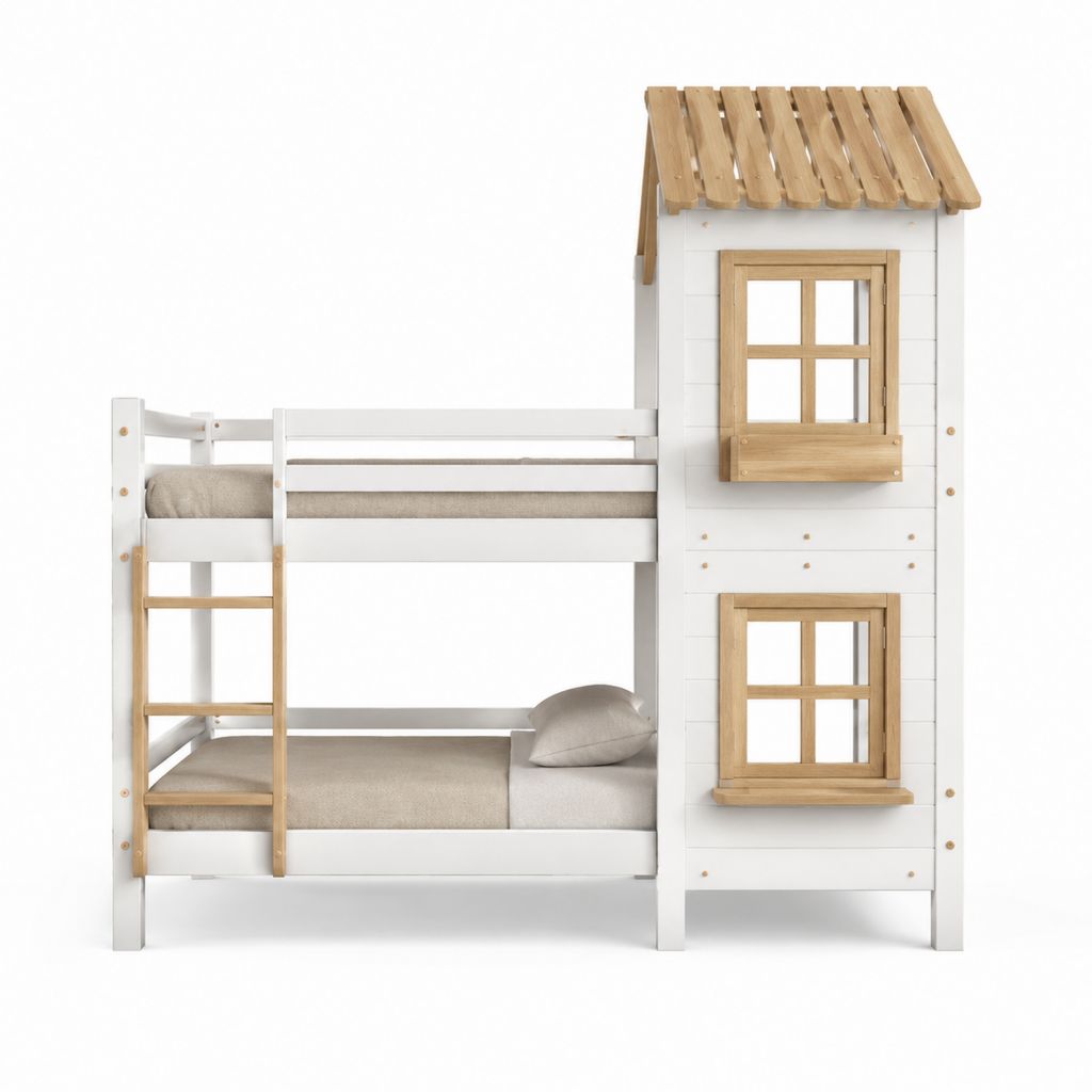 Kinder Hochbett mit Hausaufsatz Weiß Natur Kiefer Massivholz 90 x 200 cm