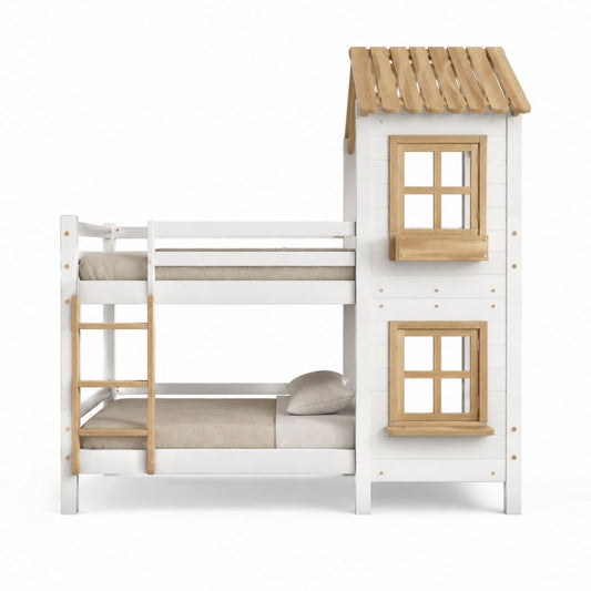 Kinder Hochbett mit Hausaufsatz Weiß Natur Kiefer Massivholz 90 x 200 cm