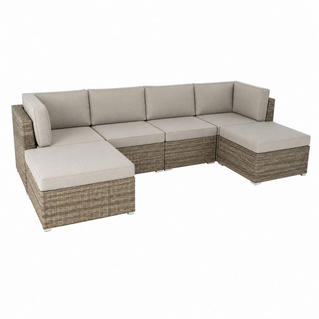 5-teiliges Gartenlounge Set U-Form Beige Polyrattan mit Polyesterkissen 300 x 220 x 75 cm