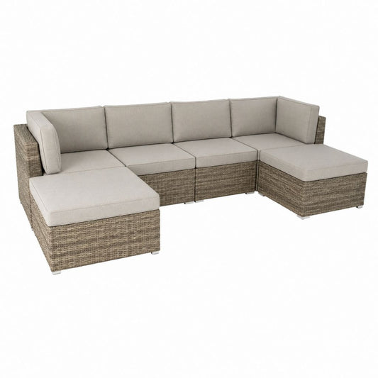 5-teiliges Gartenlounge Set U-Form Beige Polyrattan mit Polyesterkissen 300 x 220 x 75 cm