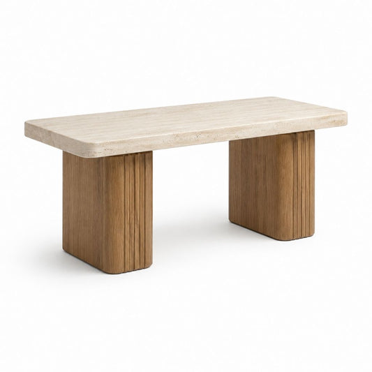 Couchtisch Beige Braun Travertin und Eichenfurnier rechteckig 120 x 60 x 45 cm