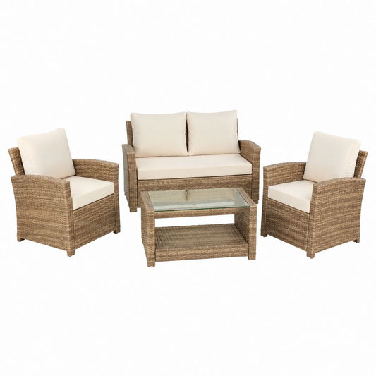 4-teiliges Gartensofa Set Naturbraun aus PE-Rattan mit cremefarbenen Polyesterkissen 2 Sessel 2-Sitzer und Glastisch 100 x 60 x 45 cm