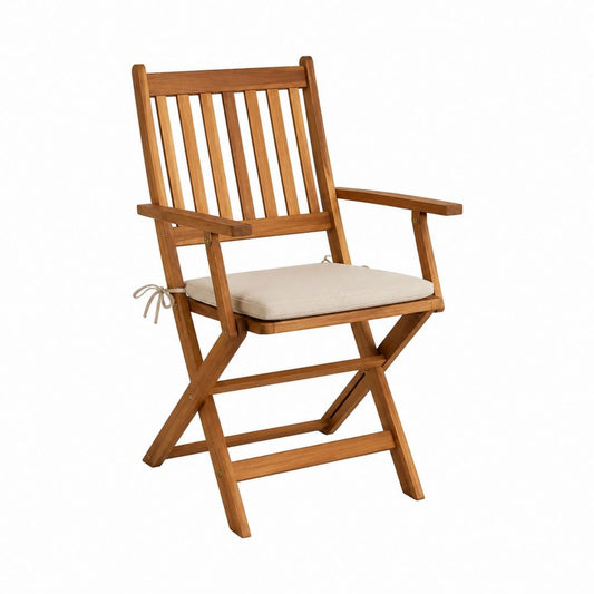 Gartenstuhl Klappstuhl aus massivem Akazienholz Braun mit beigem Polyester-Sitzkissen 58 x 68 x 110 cm